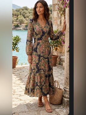 J CREW Point Sur Long Sleeve
Paisley Maxi Dress  size 2